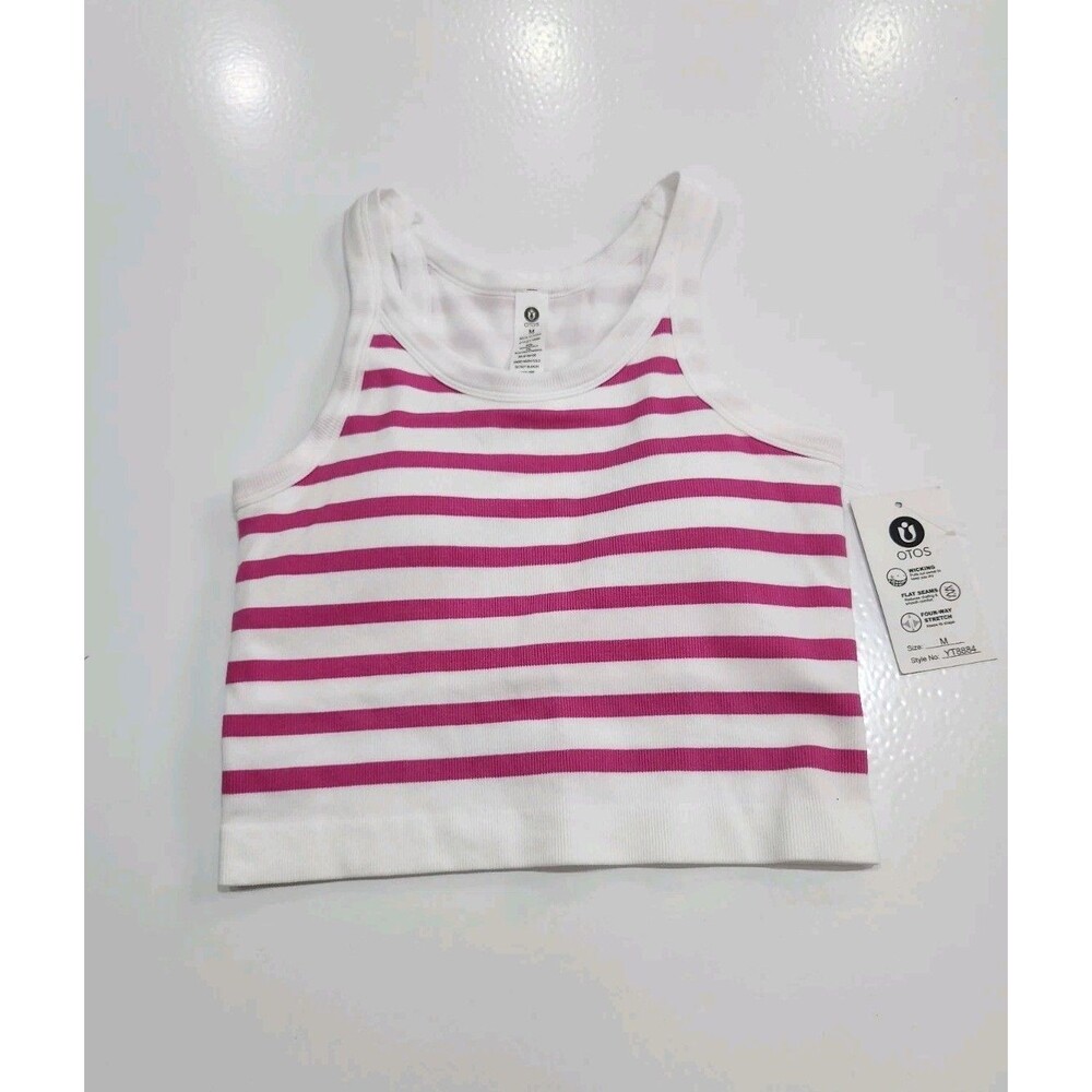 OTOS Active Crop Tank Top Flat Seams White Pink Striped Size M New With Tags